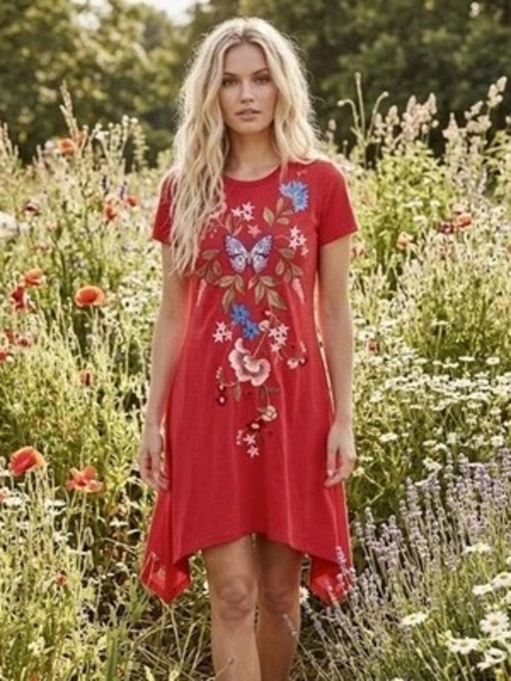 Johnny Was Red Butterfly & Floral Embroidered Asymmetrical Dress